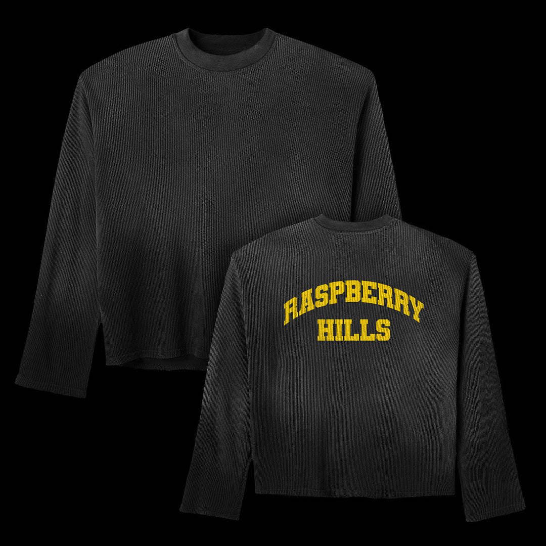 GV Gallery Khalifa Thermal Long Sleeve front and back in washed black with yellow arched Raspberry Hills back print