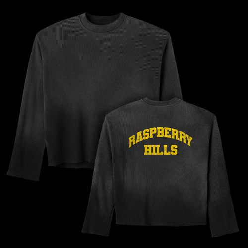 GV Gallery Khalifa Thermal Long Sleeve front and back in washed black with yellow arched Raspberry Hills back print