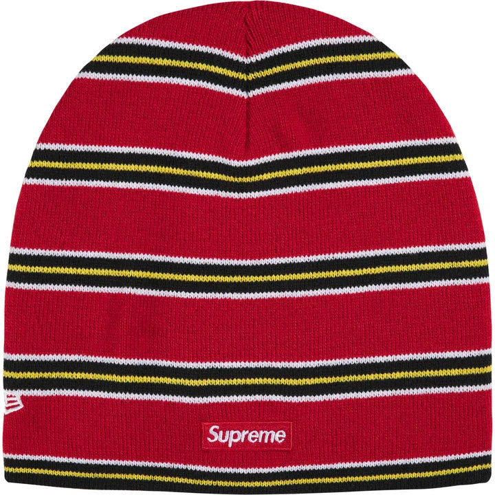 Back of the red Supreme New Era striped beanie with a small red box logo