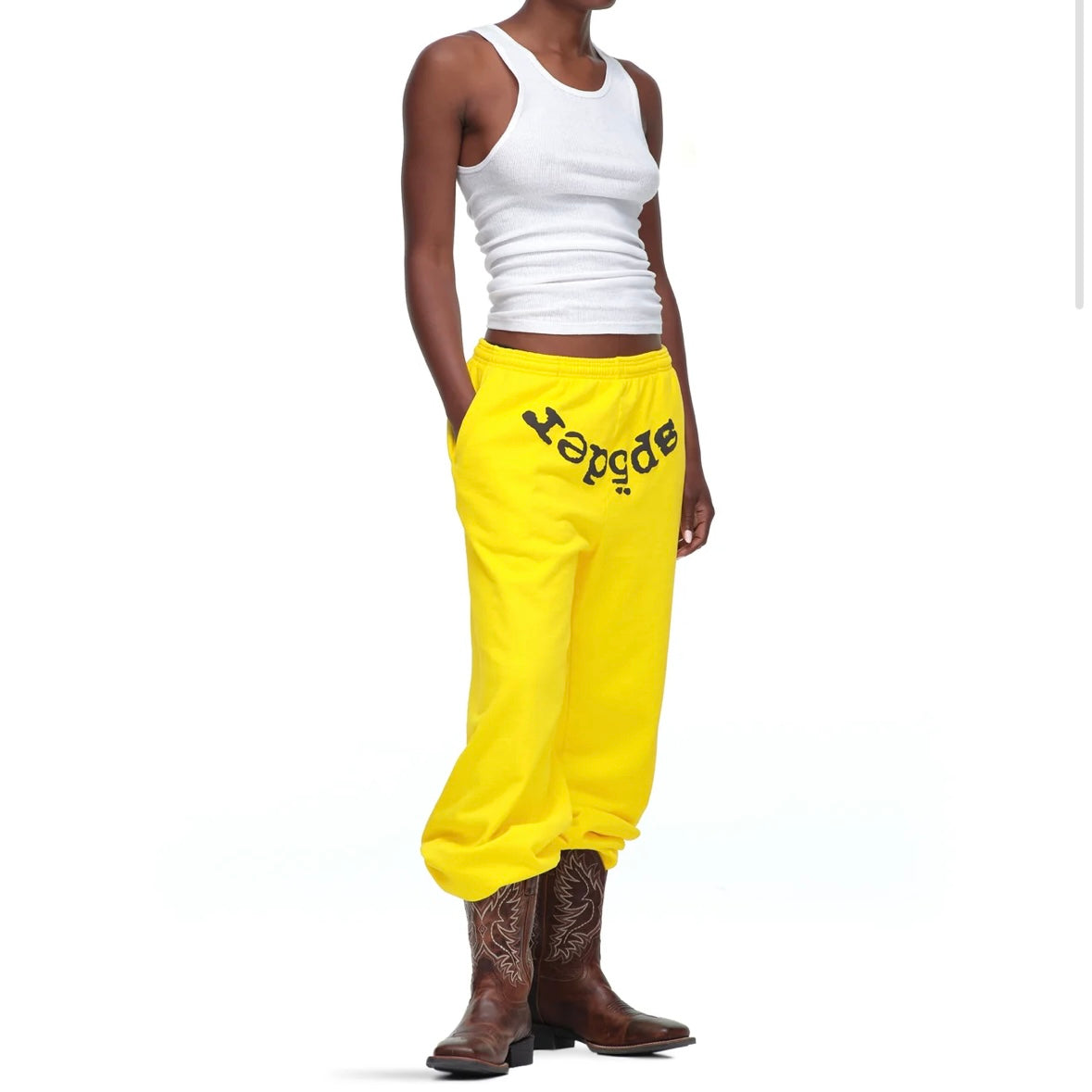 Sp5der Yellow Black Legacy Sweatpants On Body Front