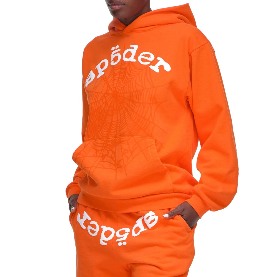 Sp5der Orange White Legacy Hoodie On Body Front Left