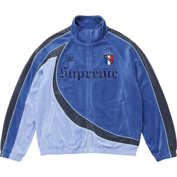 Supreme x Umbro Blue Velour Track Jacket front view with pale blue panelling and blackletter chest lettering