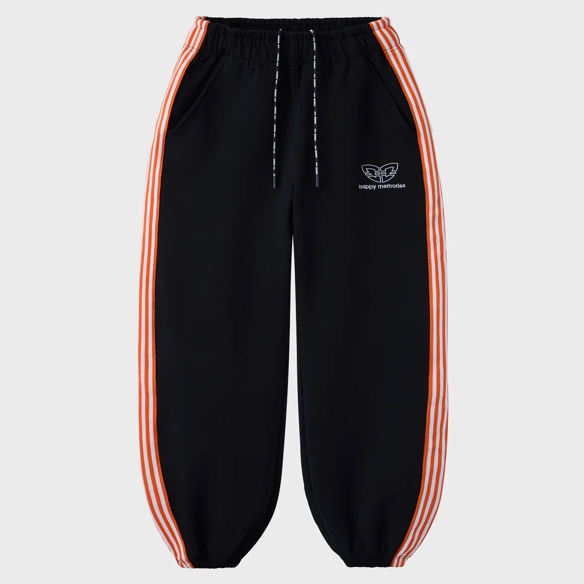Black sweatpants with orange and white triple side stripes and white thigh logo