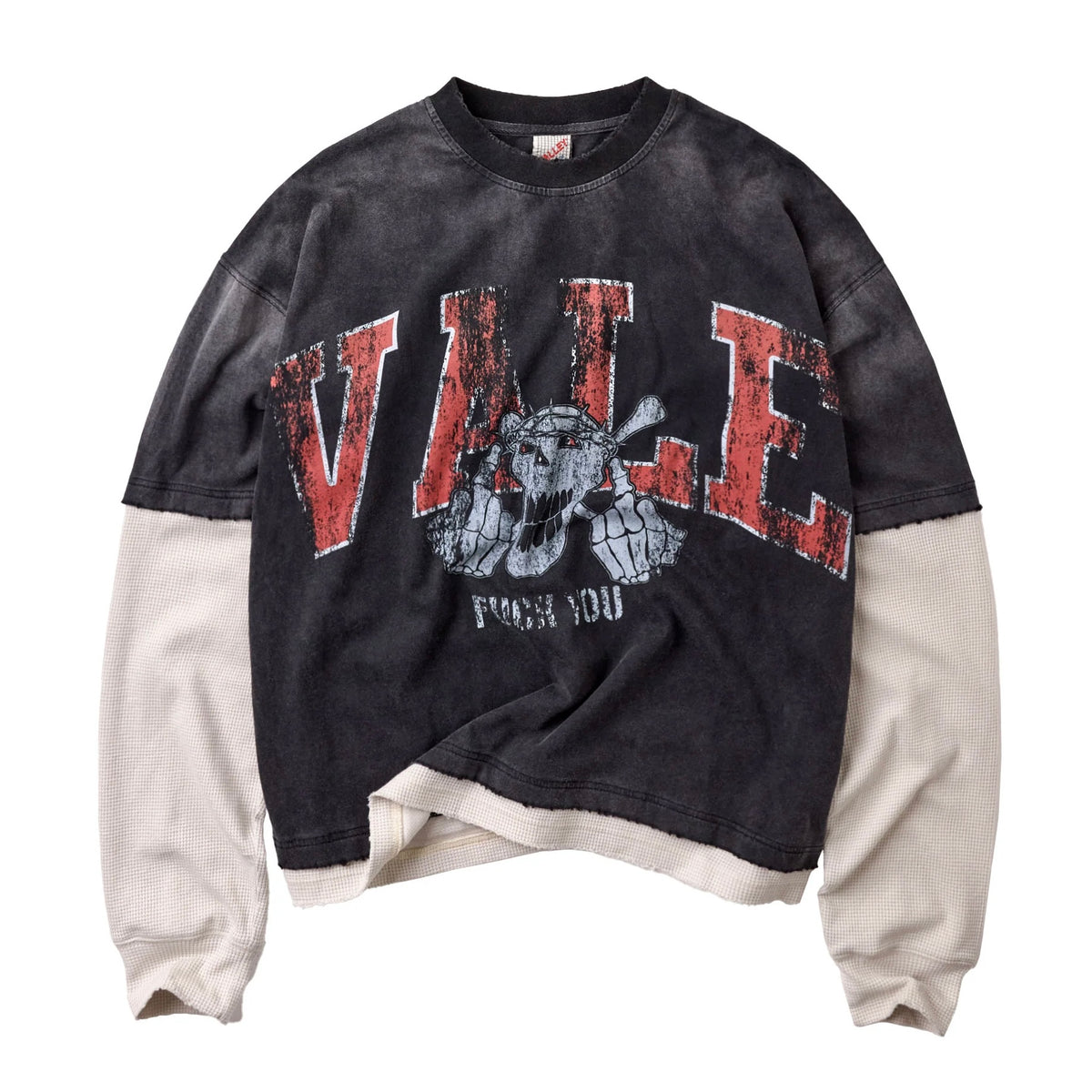 Washed black cropped crewneck with cream sleeves and red distressed VALE gorilla print