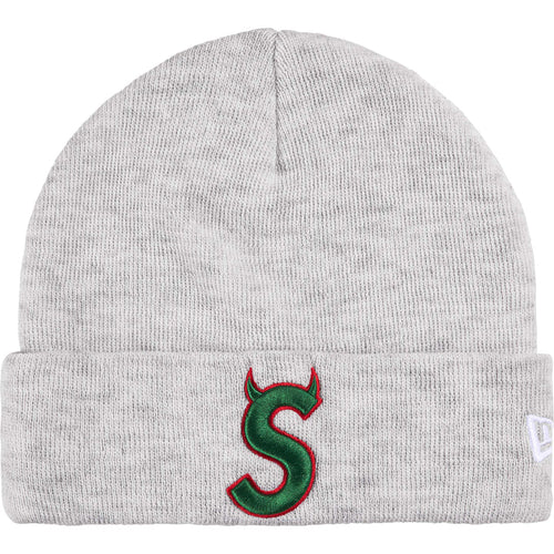 Supreme Ash Grey Devil S Logo Beanie, ash grey cuffed knit beanie with a green S with red horns and tail on the cuff