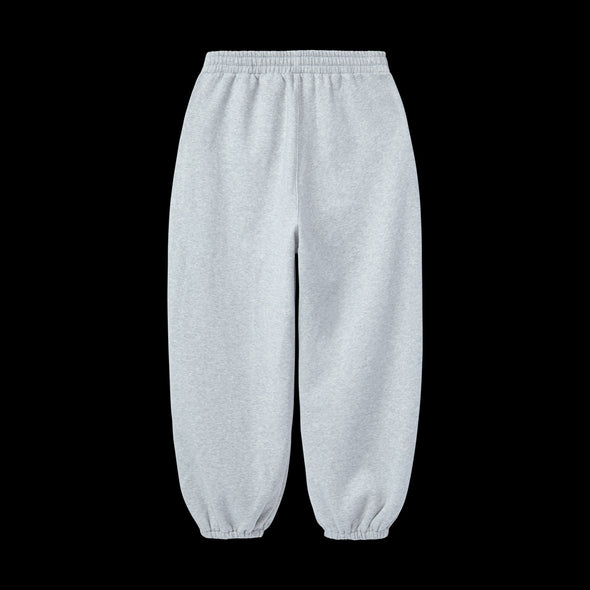 Back of the heather grey baggy sweatpants with elastic waist and cuffs