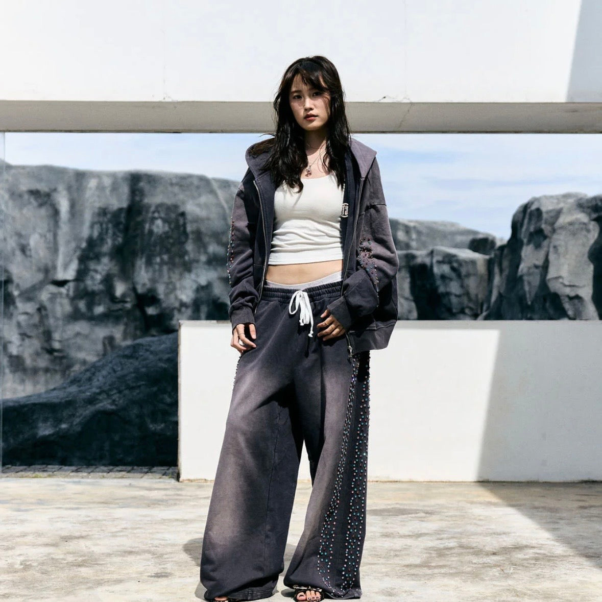 AZVA Vintage Black Crystal Cactus Zip Hoodie