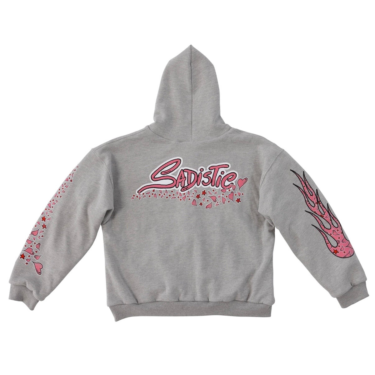 Matty Boy Sadistic Zip Hoodie back — large pink SADiSTiC bubble script with scattered hearts and stars