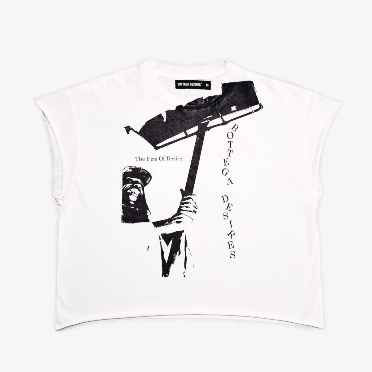 White boxy cut-off tee with black torch screenprint and vertical BOTTEGA DESIRES text