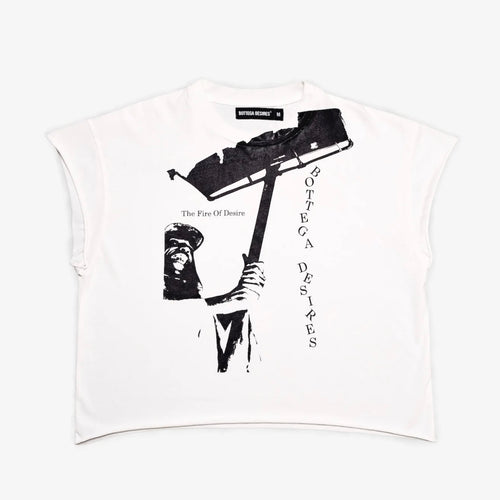 White boxy cut-off tee with black torch screenprint and vertical BOTTEGA DESIRES text