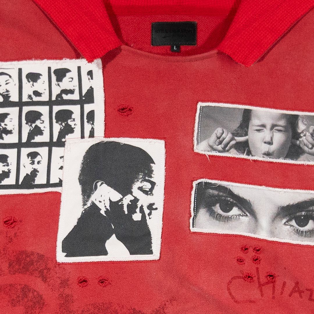Stile De Amor Rosso Hoodie, close-up of the chest patches and red hood lining
