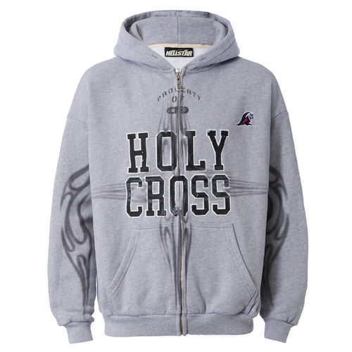 Hellstar Heather Grey Holy Cross Zip Hoodie, heather grey full-zip hoodie with dark HOLY CROSS lettering and tonal flames