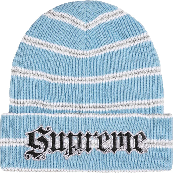 Supreme Light Blue Metallic Stripe Beanie with white and metallic stripes and Old English cuff logo
