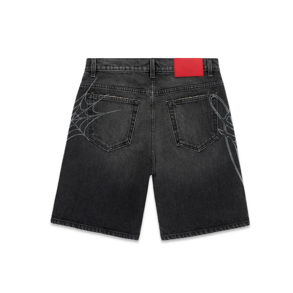 Sp5der Black Wash Script Denim Shorts