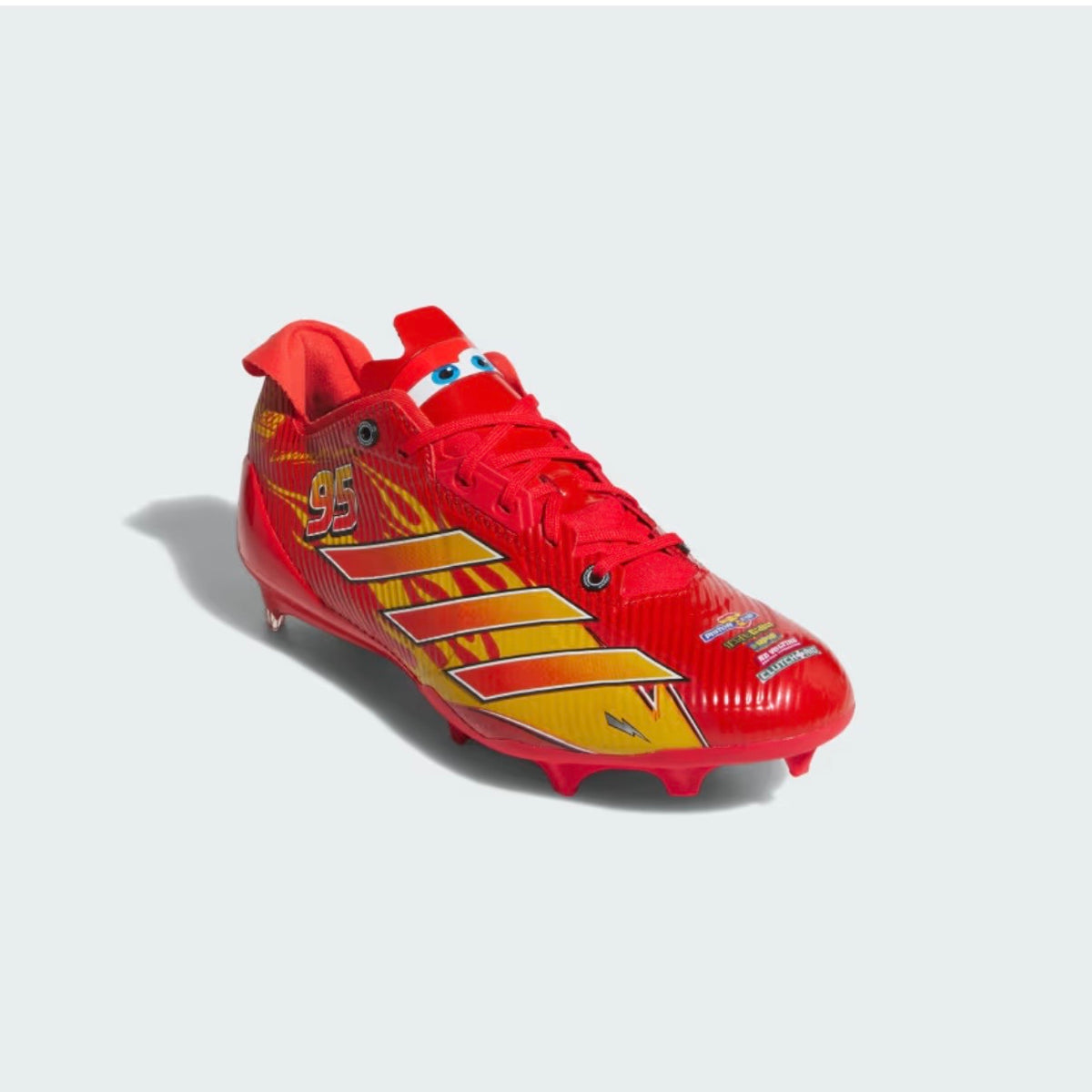 Adidas Pixar Cars Adizero Electric II cleats front three-quarter — toe-box race decals and forefoot studs