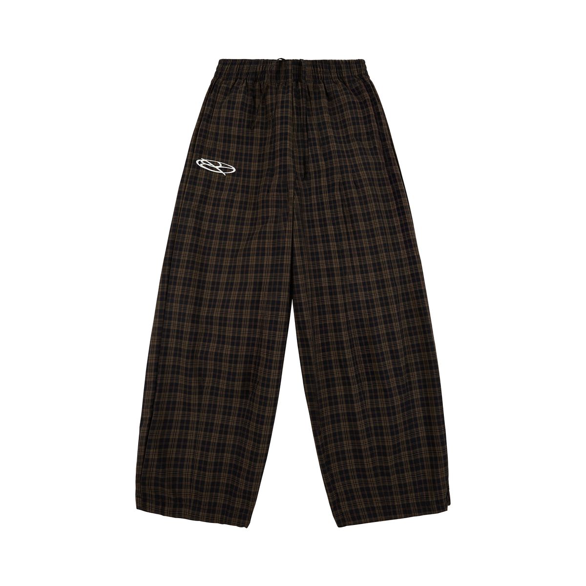 Boredom Kills Black Brown Plaid Track Pants front flat-lay — full-length wide plaid pants with the white oval logo