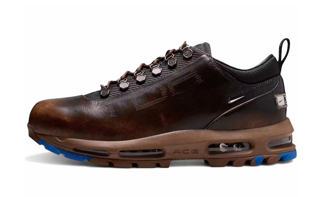 Brown burnished leather Nike Air Max Goadome low with black collar and blue outsole accents