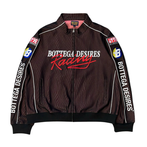 Bottega Desires Racing Tracksuit Jacket, dark pinstriped zip jacket with white piping, red Racing script and sleeve sponsor patches