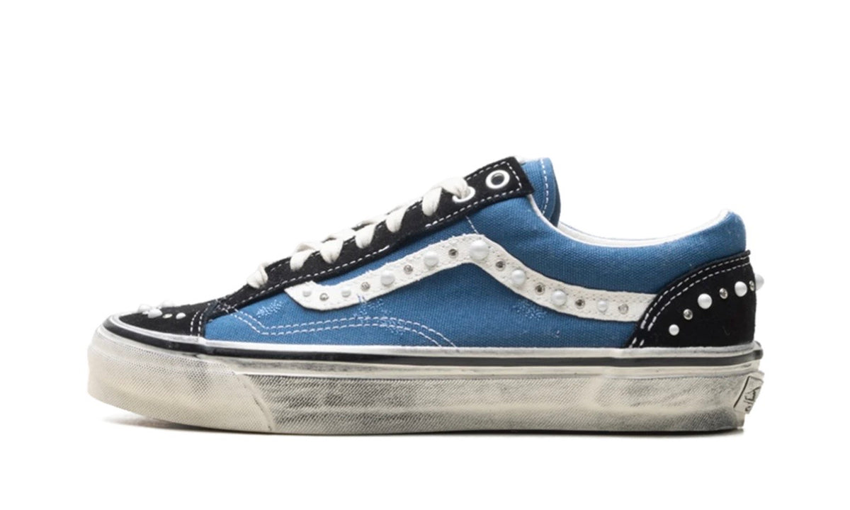 Vans LX Old Skool 36 Pearlized Pack lateral profile — blue canvas with a pearl-studded white sidestripe