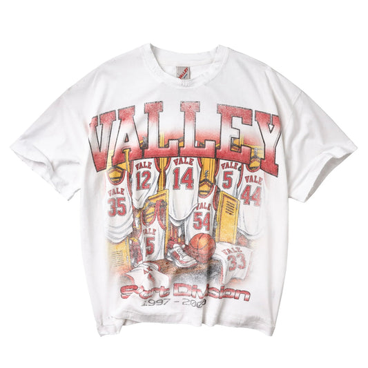 Vale White Bleachers T-Shirt, front of a white tee with red arched VALLEY lettering above a drawn crowd of fans in red jerseys.