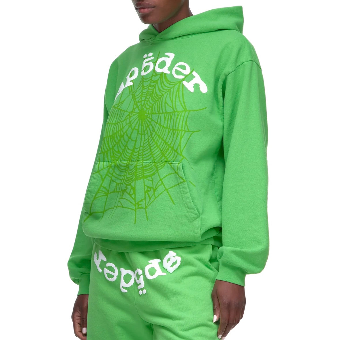 Sp5der Green White Legacy Hoodie On Body Front Left Female