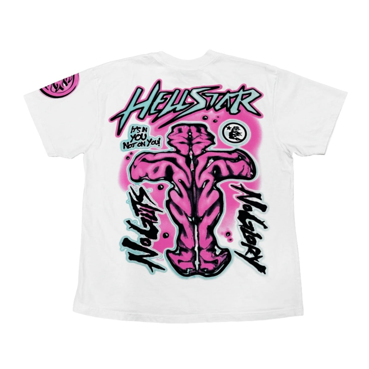 Hellstar White No Guts No Glory Tee back with a pink anatomical figure and black script lettering
