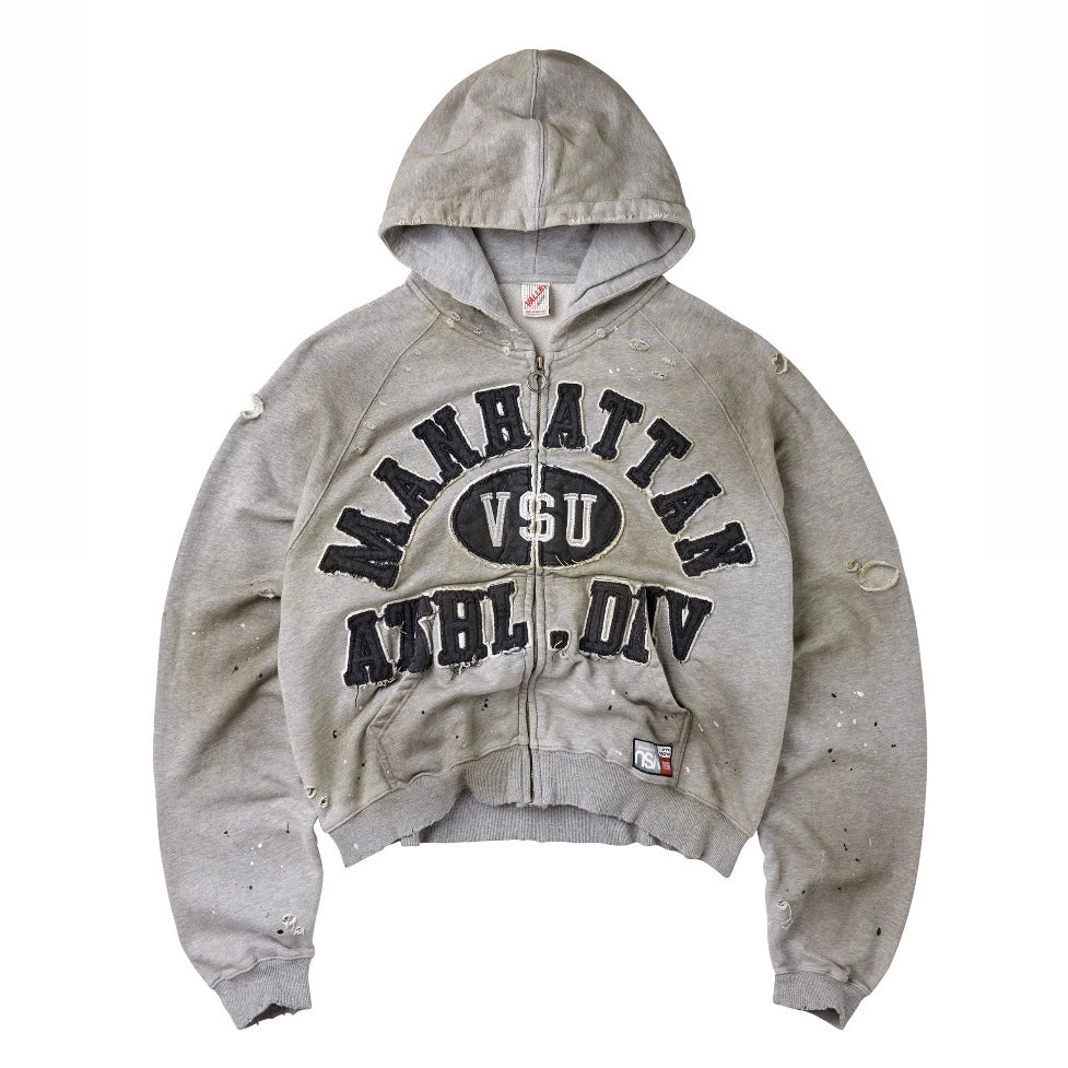 Vale Manhattan Zip Hoodie front view in washed grey with the Manhattan VSU chenille applique