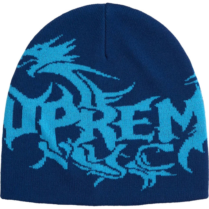 Supreme Dragon beanie in deep blue with a bright cyan knit dragon wrapped around Supreme NYC lettering
