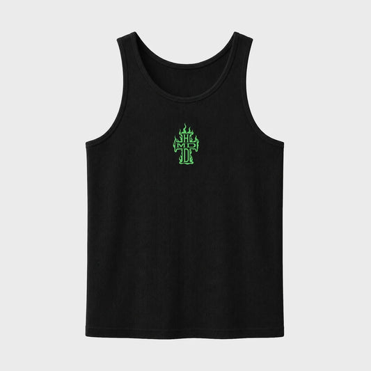 HMDD Black Holy Ghost Tank front — black ribbed tank with one small neon green gothic cross embroidered at the chest