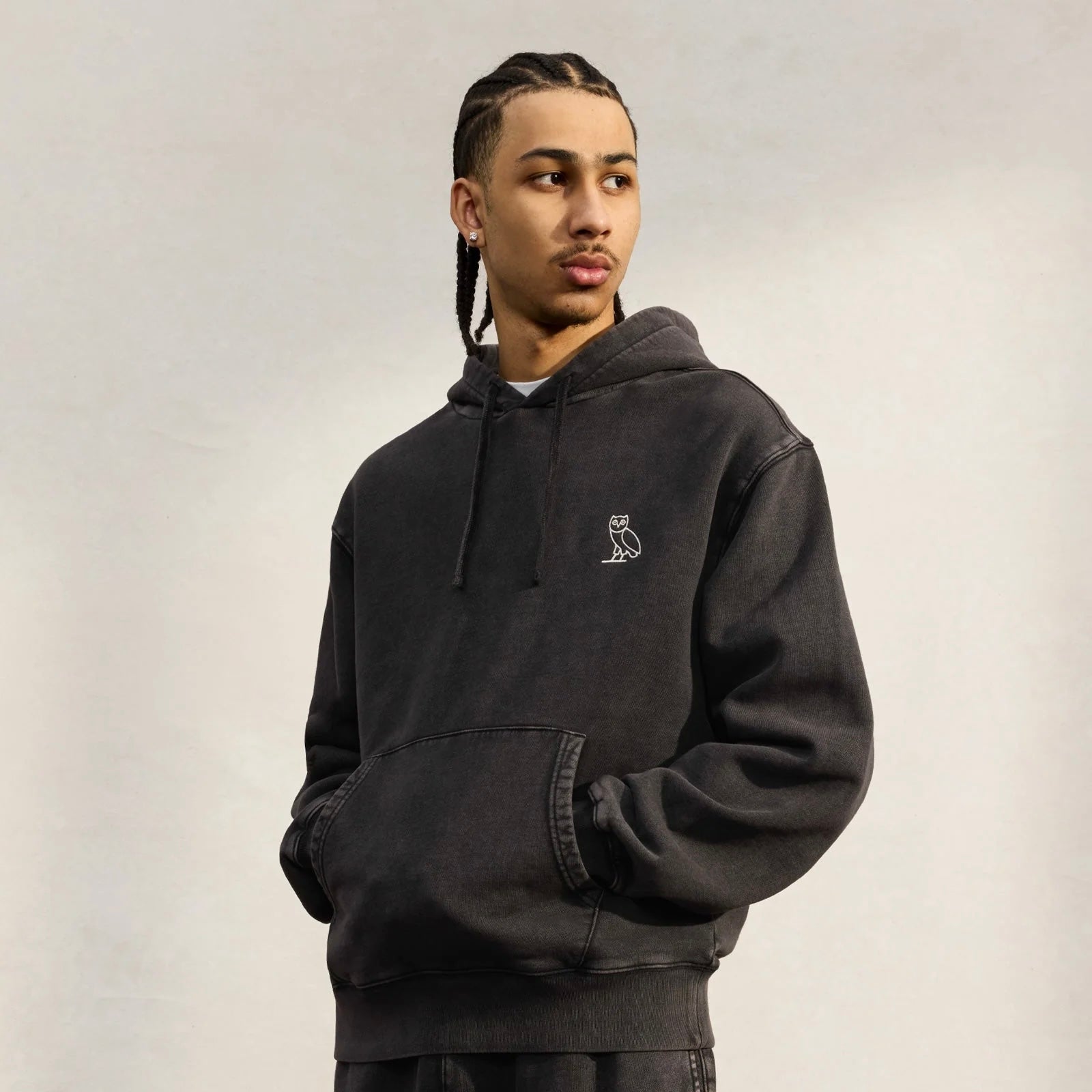 OVO Washed Black Silver Hoodie On Body