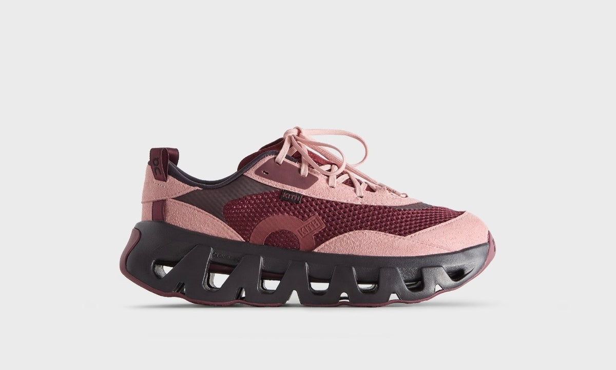 Kith On Running K-Tech 2 Ruby Ox, single shoe in side view with burgundy and pink upper on the black sculpted sole