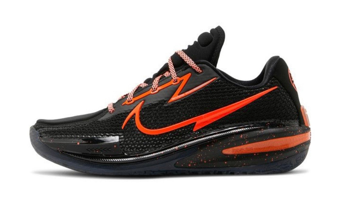 Nike Air Zoom GT Cut EYBL Black, black mesh low with orange swoosh, orange laces and speckled dark sole