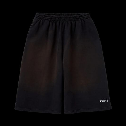 GV Gallery Sand Shorts, washed black sweat shorts with a faded vintage finish and a white logo near the hem