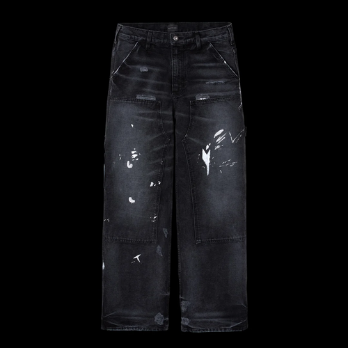 GV Gallery Black Berry Carpenter Pants, black washed denim carpenter pants with white paint splatter and double knees