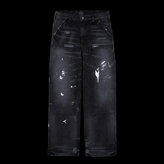 GV Gallery Black Berry Carpenter Pants, black washed denim carpenter pants with white paint splatter and double knees