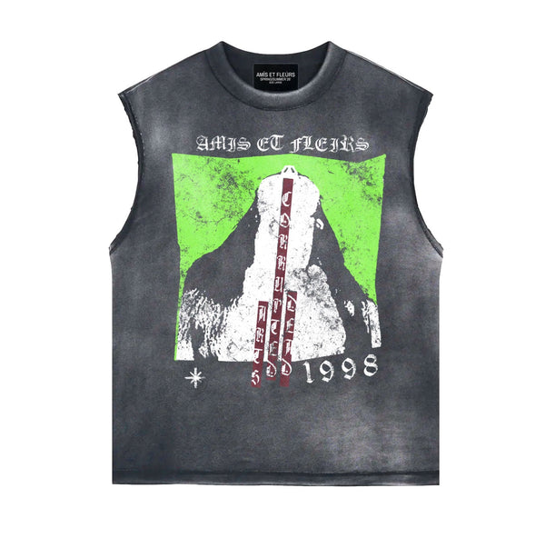 Amis et Fleurs Weho Chaos Cutoff, washed black sleeveless tee with a neon green graphic panel and SINCE 1998 text