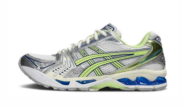 Asics Gel-Kayano 14 Sprite Lime Green, side view of a silver upper with lime green stripes and blue midsole accents
