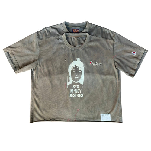 Bottega Desires Washed Grey Sex Sells T-Shirt, washed grey tee with a portrait print above text reading S*X M*NEY DESIRES