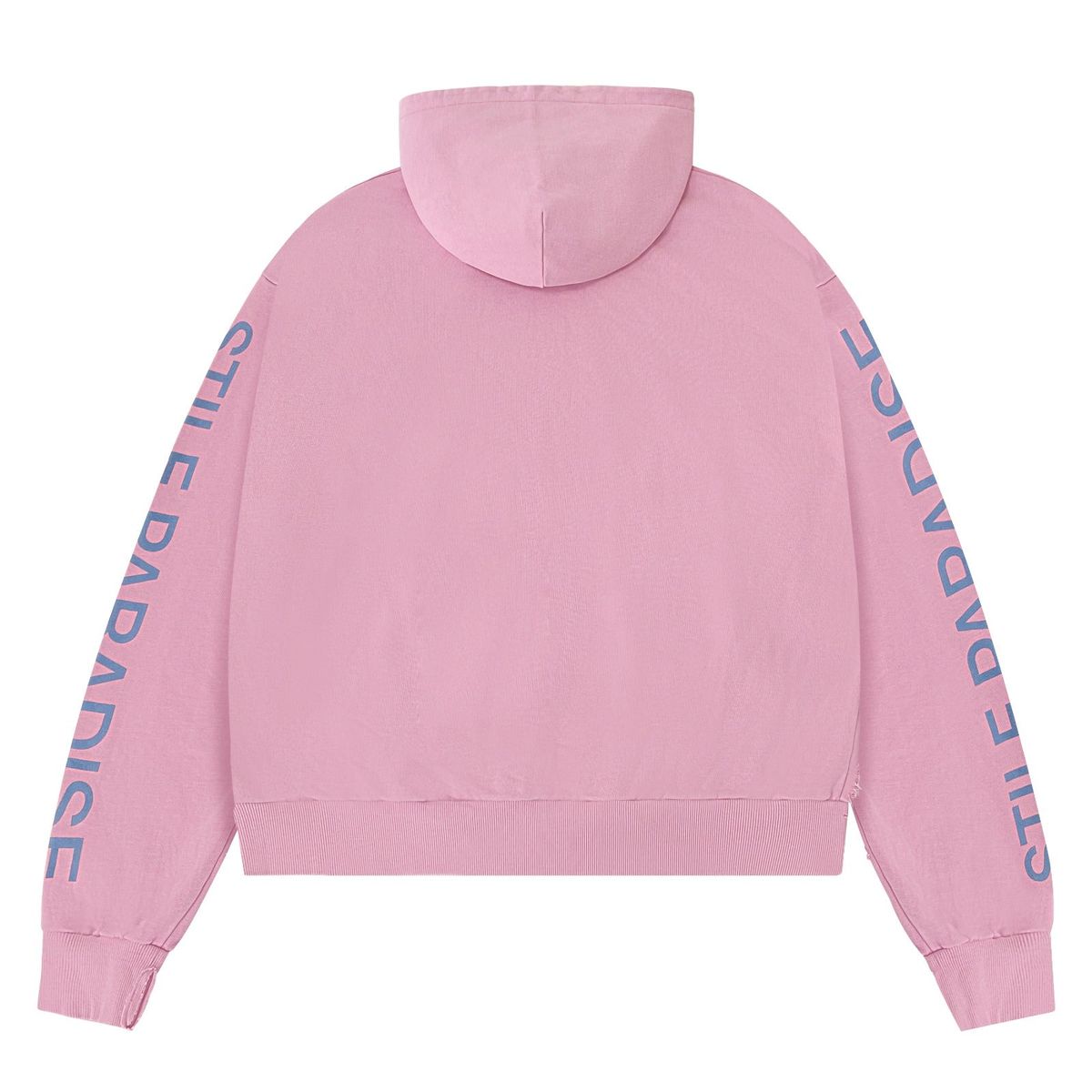Back of the pink Stile Paradise hoodie, plain body with STILE PARADISE printed in blue down both sleeves