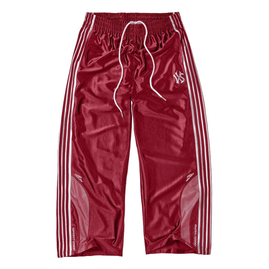 Vale Loverboy Swish Pants front - deep red satin track pants with triple white side stripes and a drawcord waist