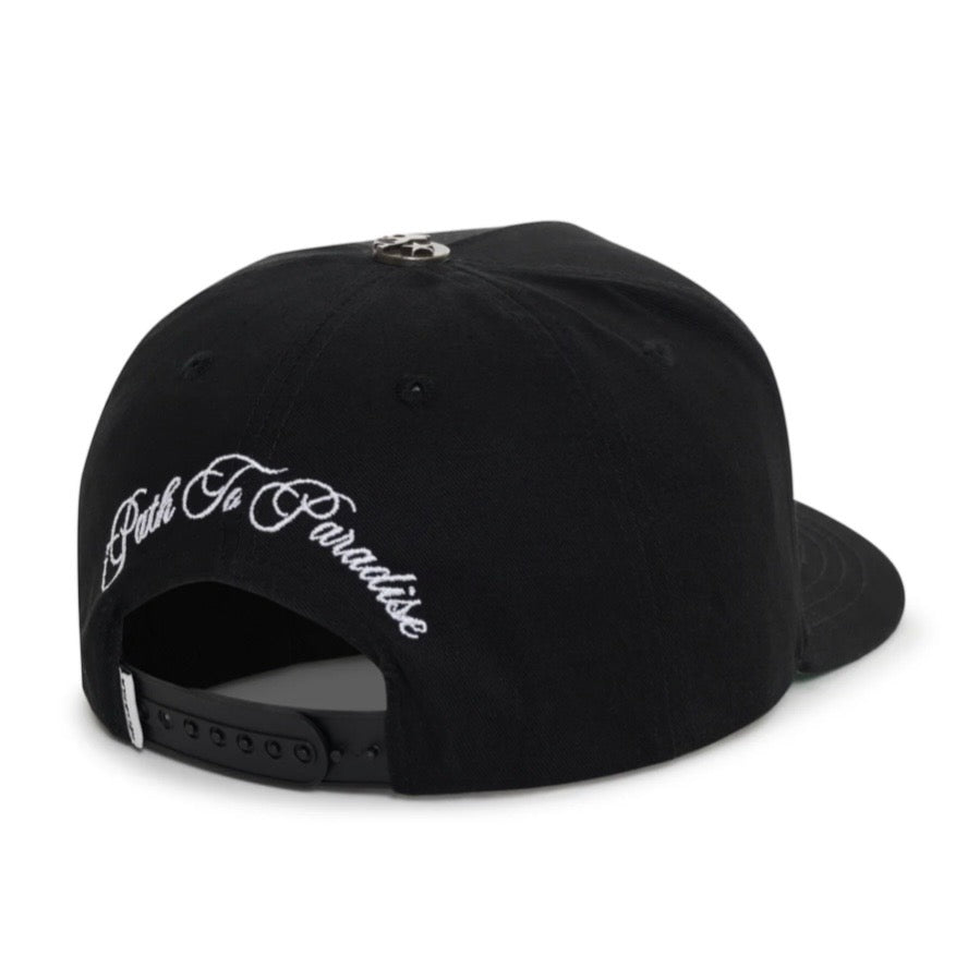 Hellstar Black OG Logo Snapback Hat, back of the black cap with Path To Paradise in white script above the snapback strap