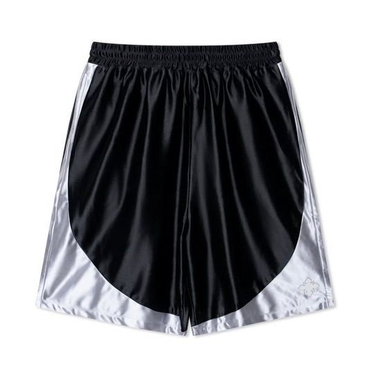 We Are Righteous Sandler Gym Shorts front view in black satin with white curved side panels and tonal cross emblem