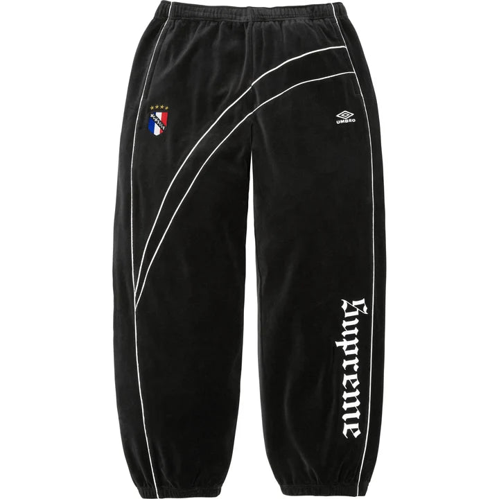 Supreme x Umbro Black Velour Track Pants front view with blackletter Supreme lettering down the leg