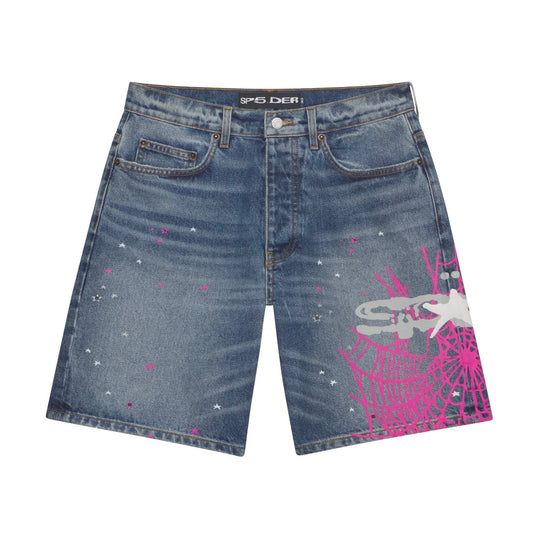 Sp5der Light Blue Wash Heavy Web Denim Shorts