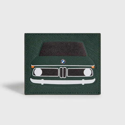 Kith for BMW 1602 Vitality cardholder in dark green saffiano leather, printed with the BMW 1602 front end - black hood, round headlights, chrome kidney grille and white bumper