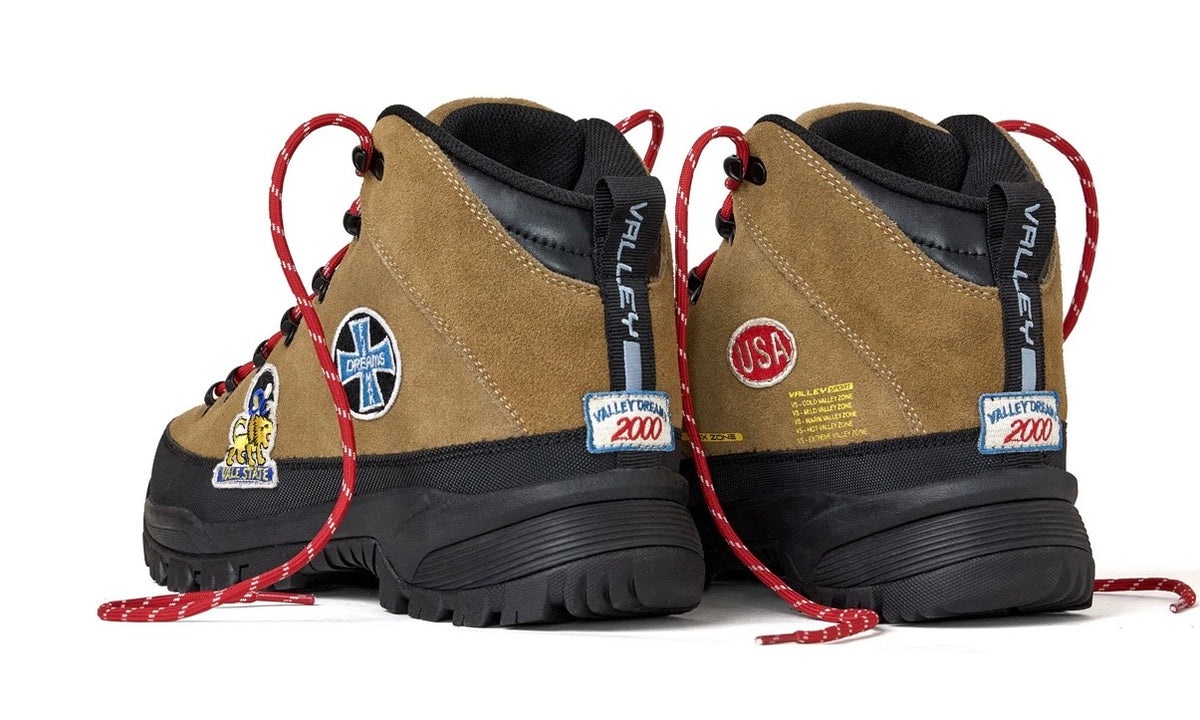 Vale Classic Wheat Hikers rear view with Valley heel pull tabs, USA patch and Valley Dream 2000 label