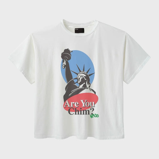 HMDD White Liberty T-Shirt, white boxy tee with a Statue of Liberty graphic and Are You Chim lettering on a red oval