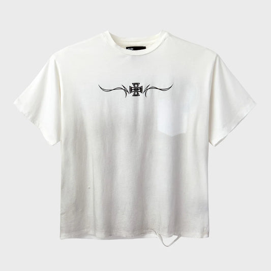 HMDD White Chimmers Ghost Pocket Tee front — cream tee with a small black tribal cross print and a faint ghost pocket