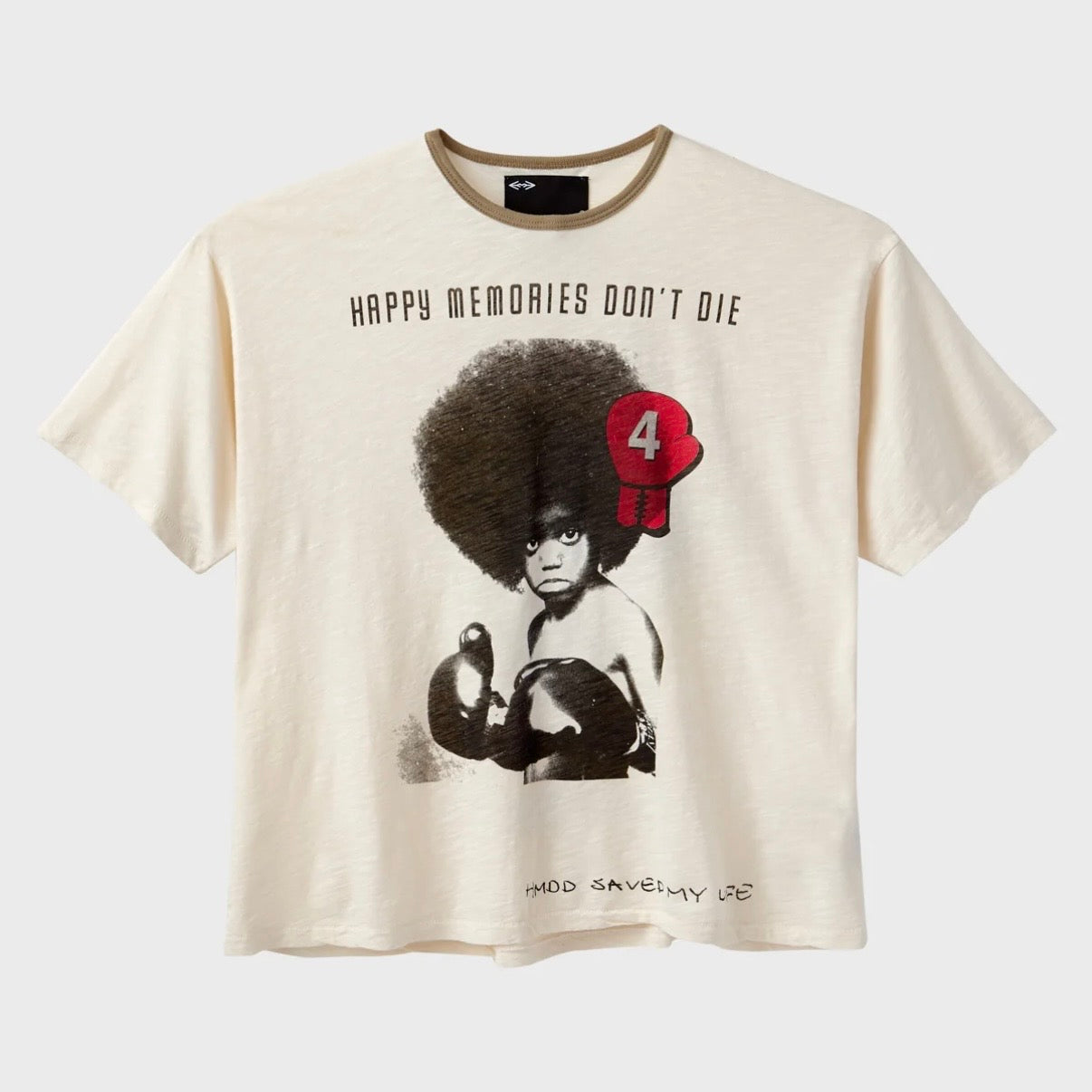 HMDD Boxer Baby Slub T-Shirt, cream tee printed with a child in red boxing gloves under HAPPY MEMORIES DON'T DIE