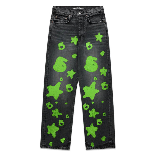 Sp5der Black Green Beluga Stamp Denim Pants